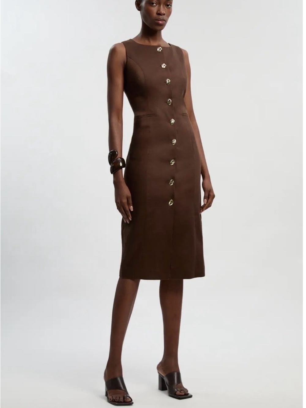 Karen Millen Chocolate Brown Sleeveless Button-Front Midi Dress Sz 8 NWT